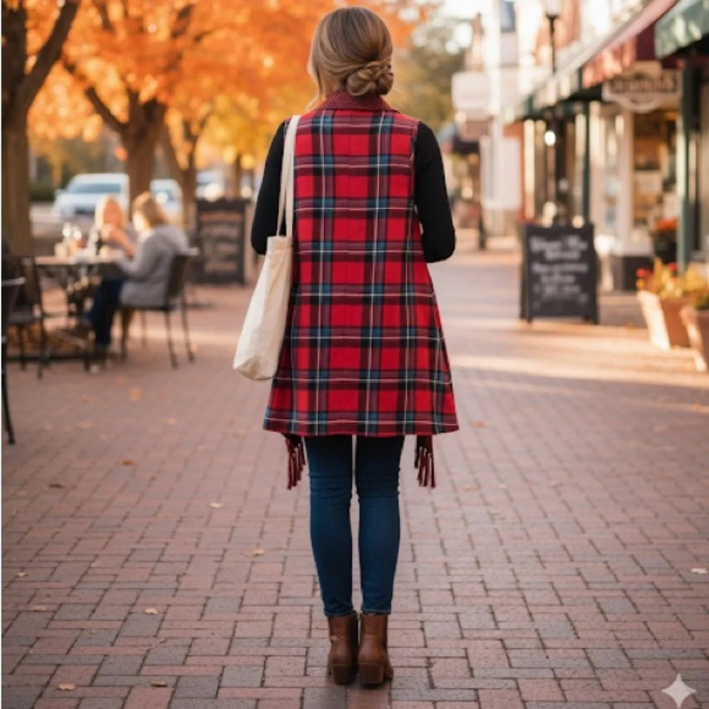 Umgee Plaid Fringe Sleeves  Kimono Wrap Size Small - Picture 3 of 8